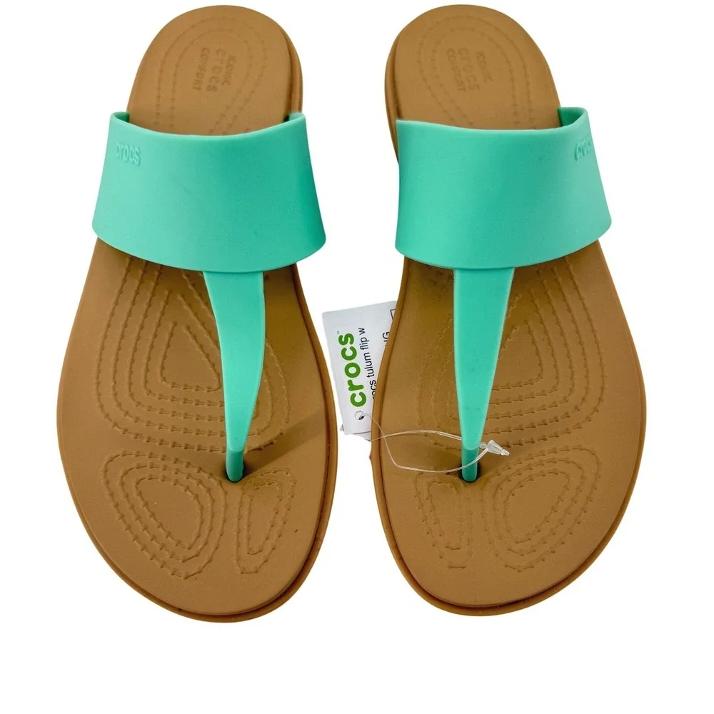 Crocs Tulum Flip Flop Sandal Women 5 Jade Stone Green Tan 206752-3UG‎ Casual New